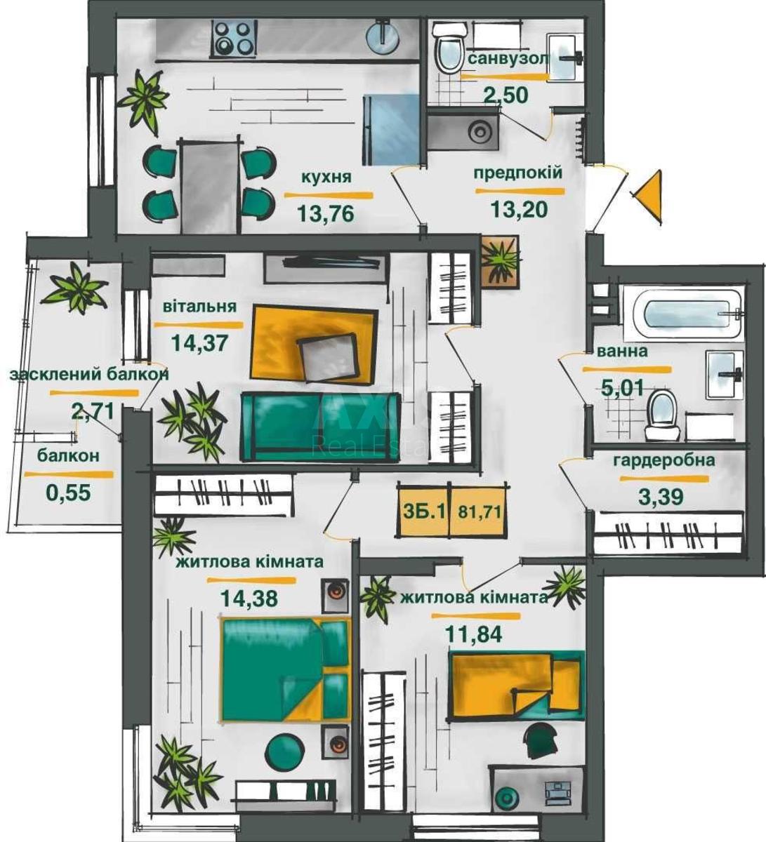 3k apartment vul. Grechka Marshala 10Б6
